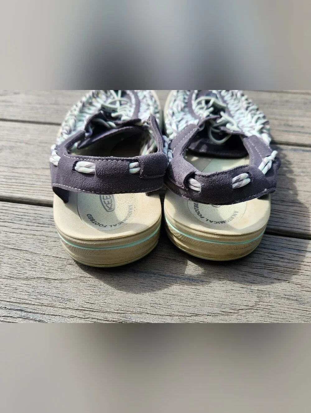 KEEN Womens UNEEK Braided Sandals in Dark Gray and Light Mint